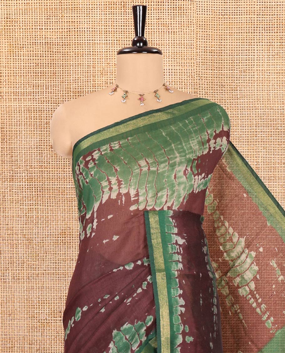 Brown Muslin Cotton Saree, Adorned with Marble-Textured Shibori Printed All Over Its Body, Subtle Piping Border, Pallu of Shibori Print, and Paired with a Contrast Blouse - Image 2