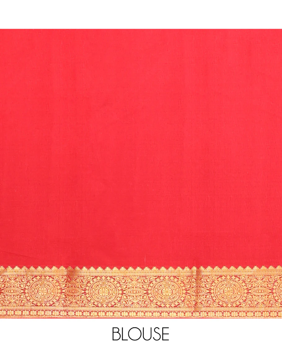 Brown Mysore Silk Saree, Beautified with Geometric Zari Designs All Over Its Body, Complemented by Captivating Contrast Border of Traditional Zari Designs, Gleaming Zari Striped Pallu, and Paired with a Contrast Blouse - Image 5