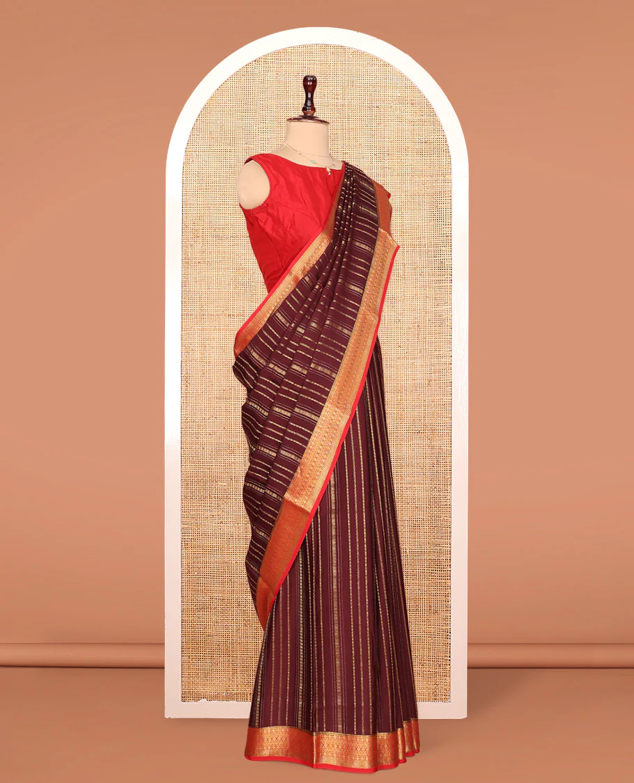 Brown Mysore Silk Saree, Spotlighted By Geometric Zari Designs All Over Its Body, Complemented by Captivating Contrast Border of Traditional Zari Designs, Gleaming Zari Striped Pallu, and Paired with a Contrast Blouse - Image 3