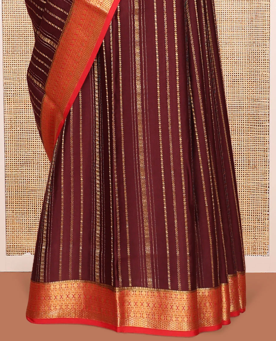 Brown Mysore Silk Saree, Spotlighted By Geometric Zari Designs All Over Its Body, Complemented by Captivating Contrast Border of Traditional Zari Designs, Gleaming Zari Striped Pallu, and Paired with a Contrast Blouse - Image 4