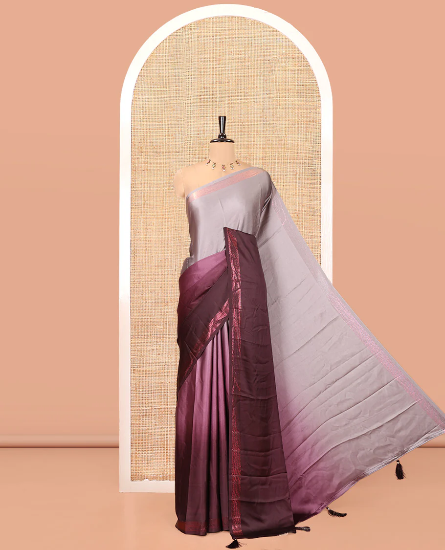 Brown Ombre Plain Satin Crepe Saree, Subtle Zari Border, Plain Pallu, and Comes without a Blouse