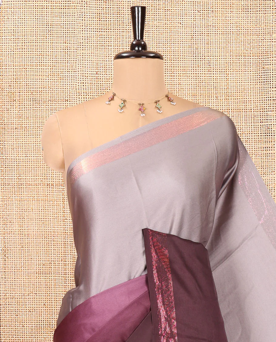 Brown Ombre Plain Satin Crepe Saree, Subtle Zari Border, Plain Pallu, and Comes without a Blouse - Image 2