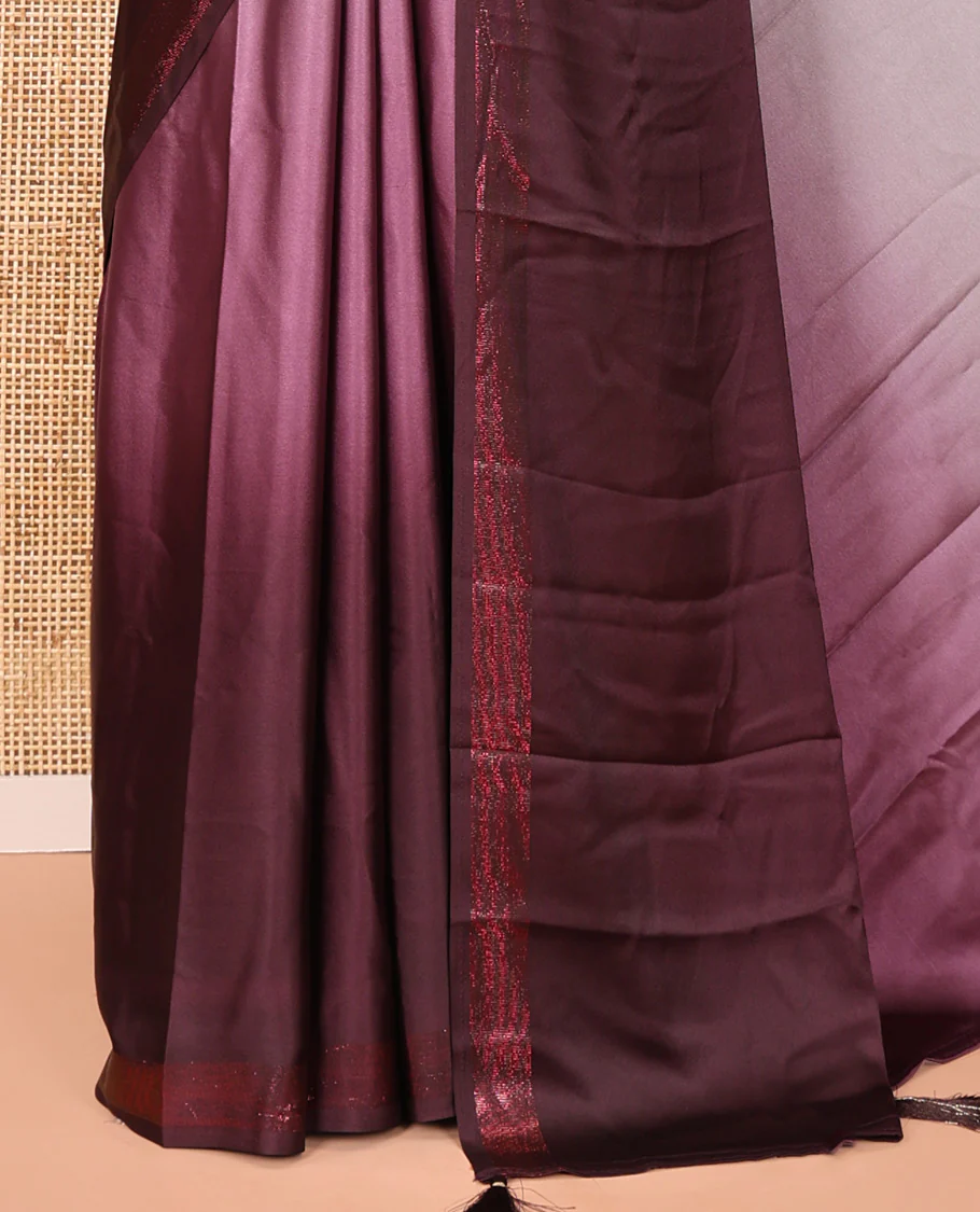 Brown Ombre Plain Satin Crepe Saree, Subtle Zari Border, Plain Pallu, and Comes without a Blouse - Image 3