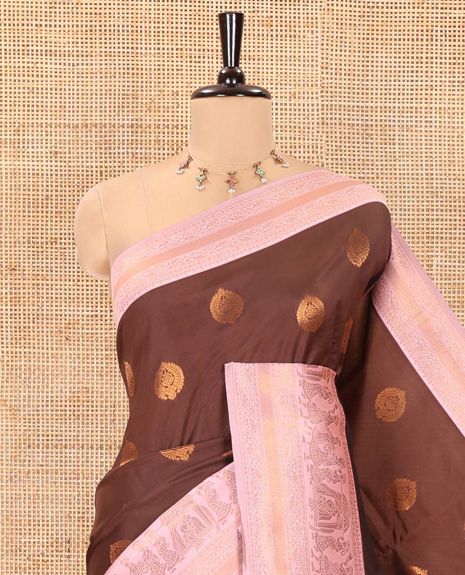 Brown-Pink Kanchi Silk Saree, Elevated with Zari Buttas All Over Its Body, Complemented by Contrast Traditional Zari Border of Wedding Theme Motifs, Grand Pallu and Paired with a Contrast Blouse - Image 2