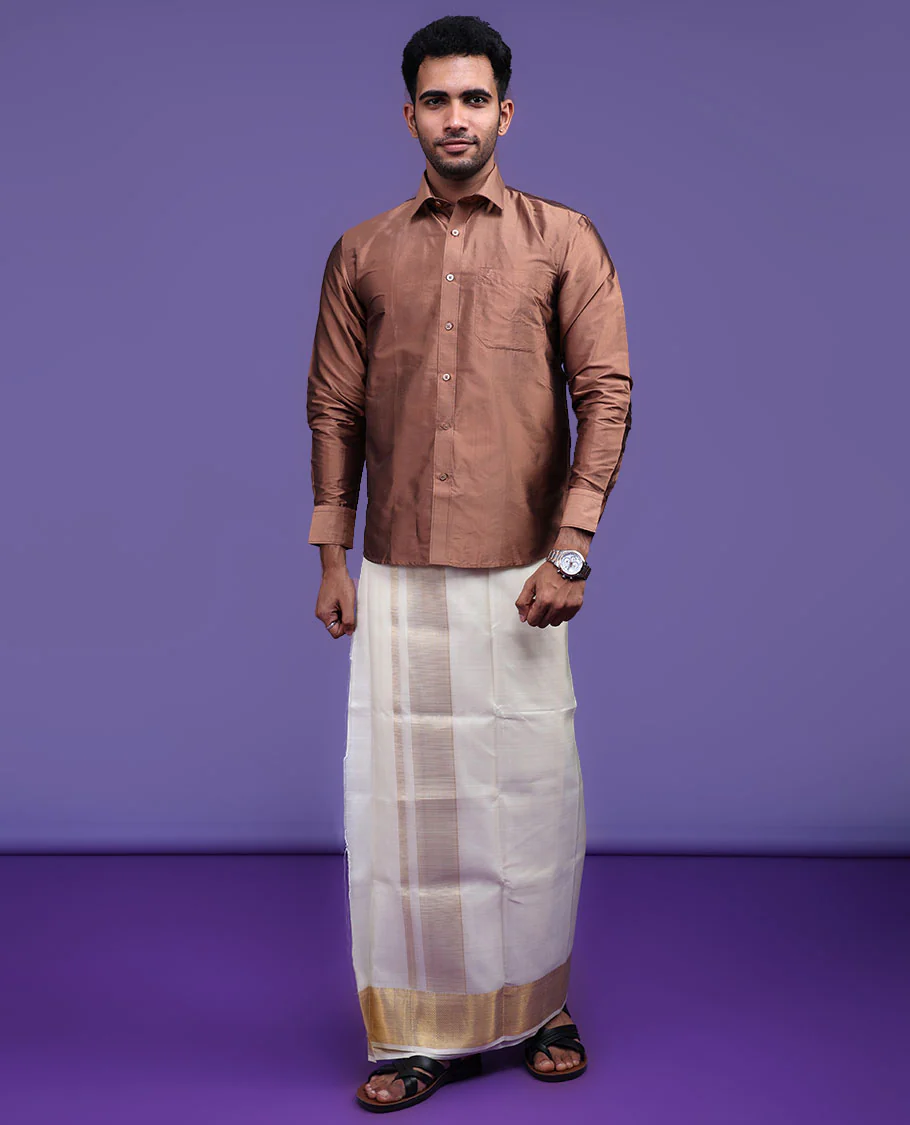 Brown plain design full-sleeve pure-silk shirt - Image 10