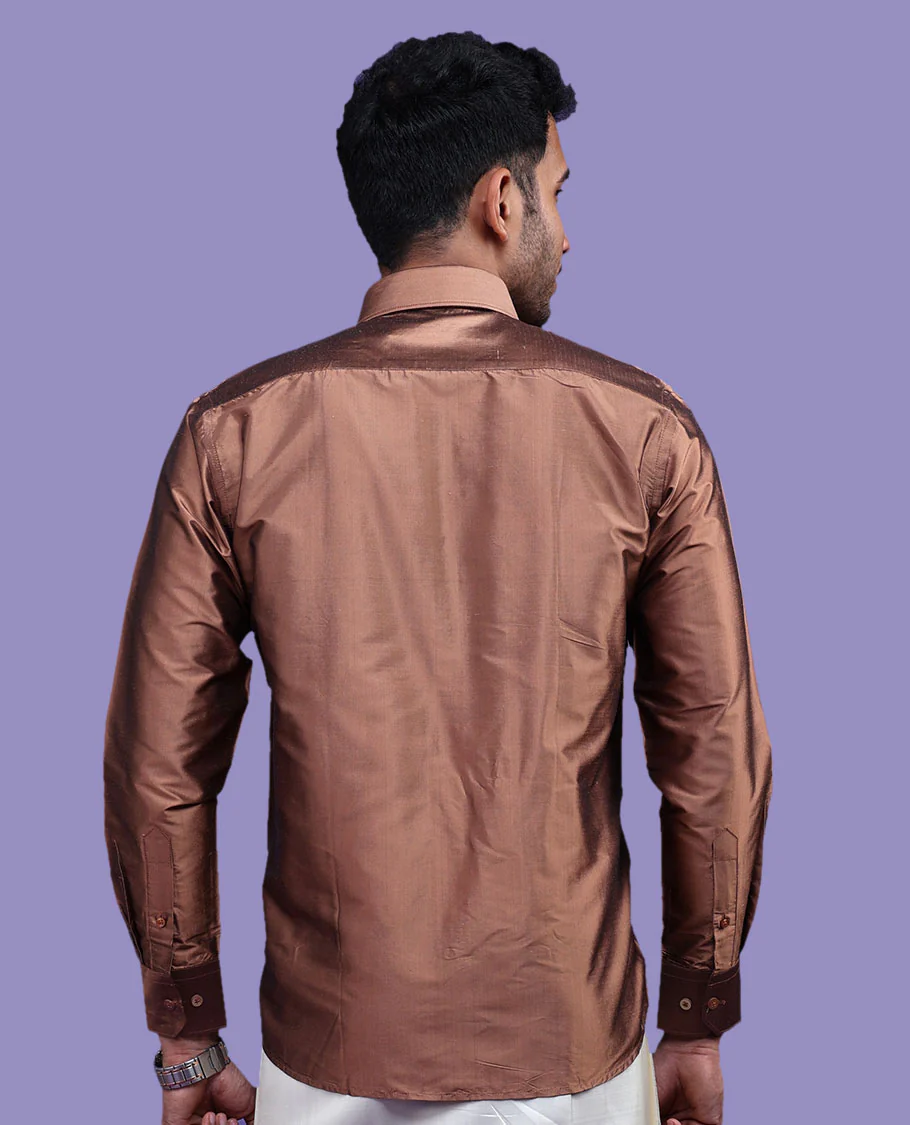 Brown plain design full-sleeve pure-silk shirt - Image 18