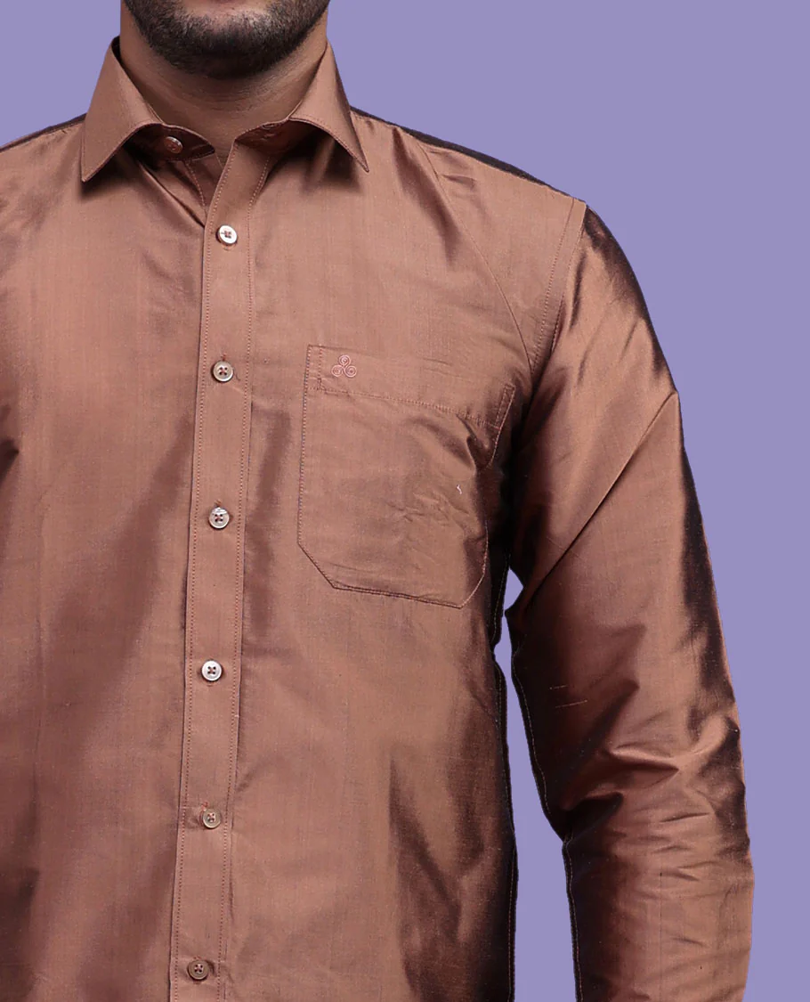Brown plain design full-sleeve pure-silk shirt - Image 20
