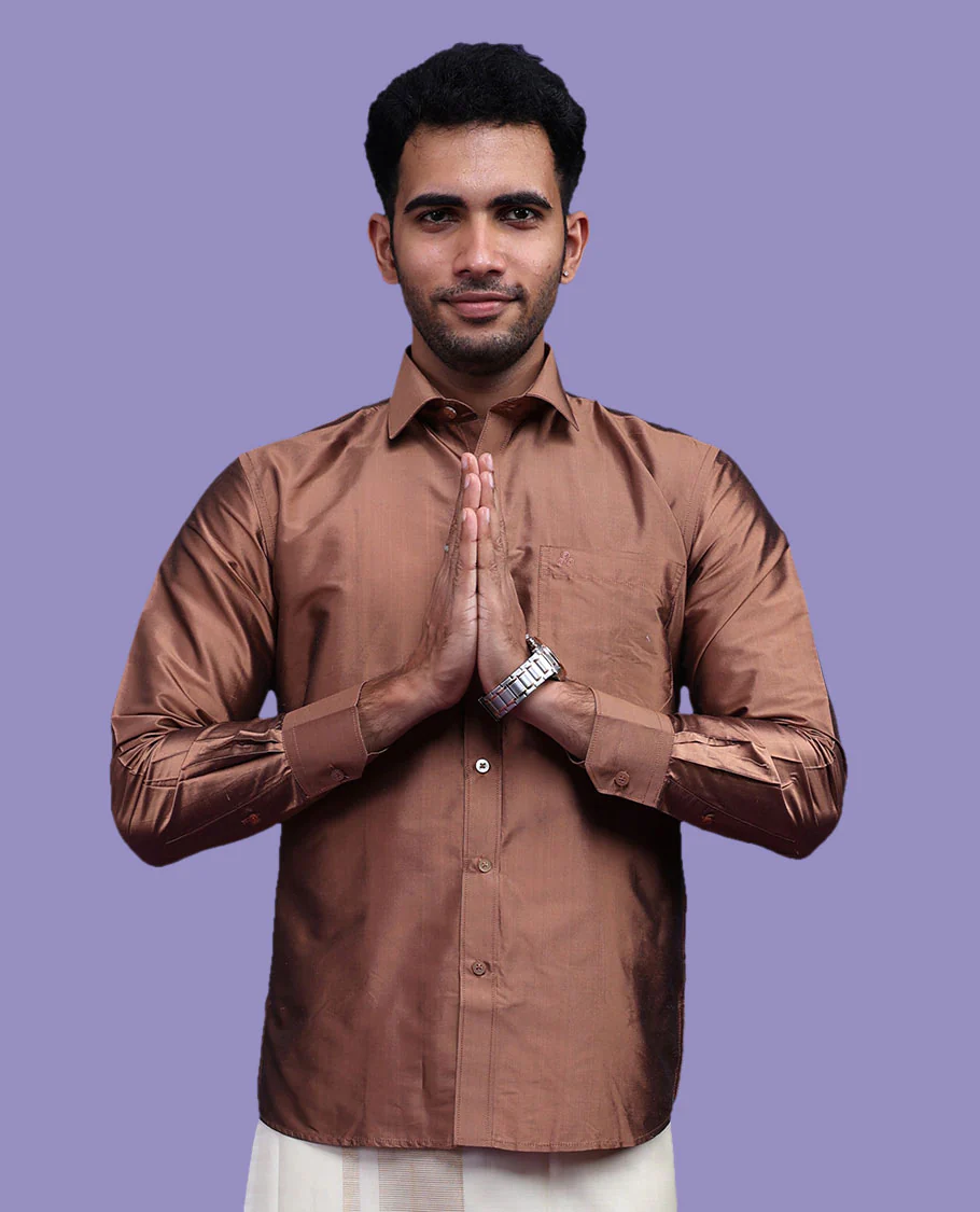Brown plain design full-sleeve pure-silk shirt - Image 3