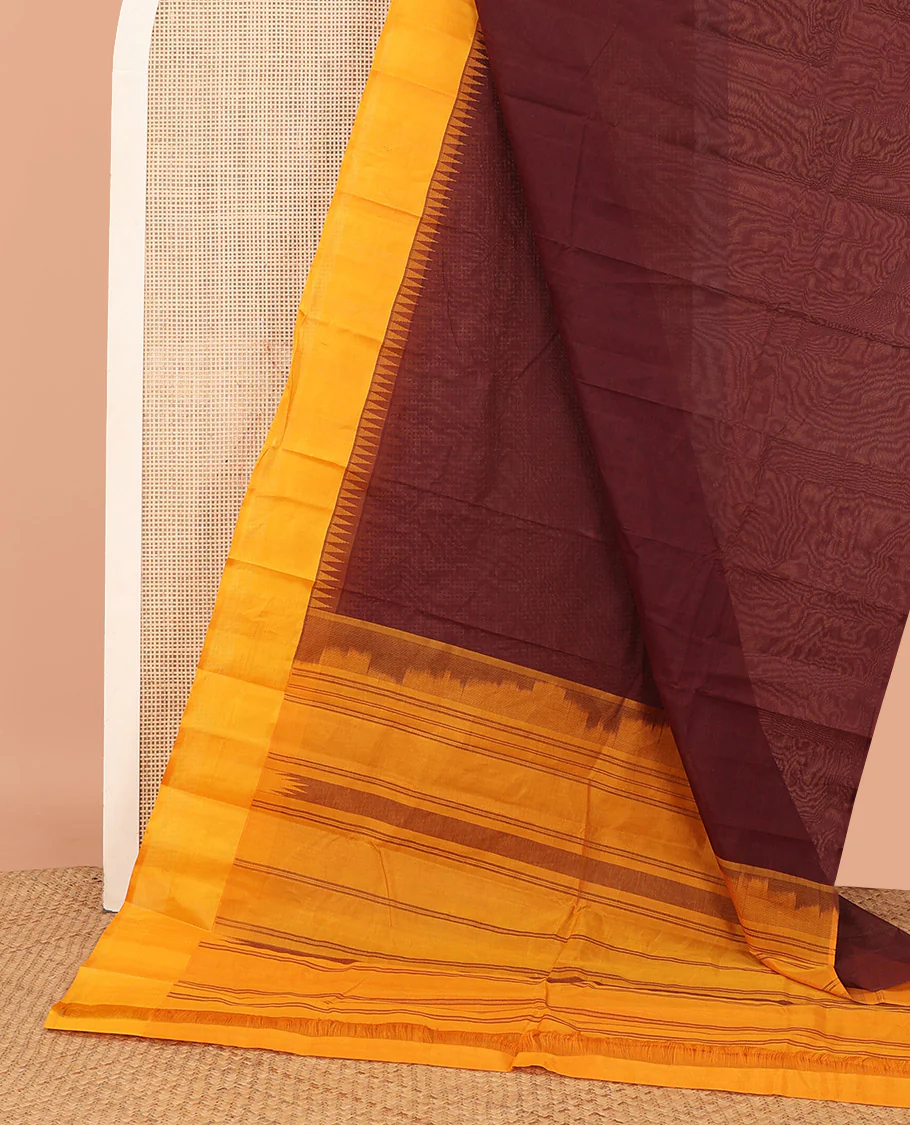 Brown Plain Kanchi Cotton Saree, Complemented by a Contrast Temple Border, Subtly Striped Pallu, and Paired with a Contrast Blouse - Image 2