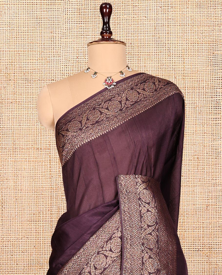 Brown Plain Matka Silk Saree, Highlighted by Traditional Design Border ogf Floral Designs, Intricately Designed Pallu, and Paired with a Matching Blouse - Image 2