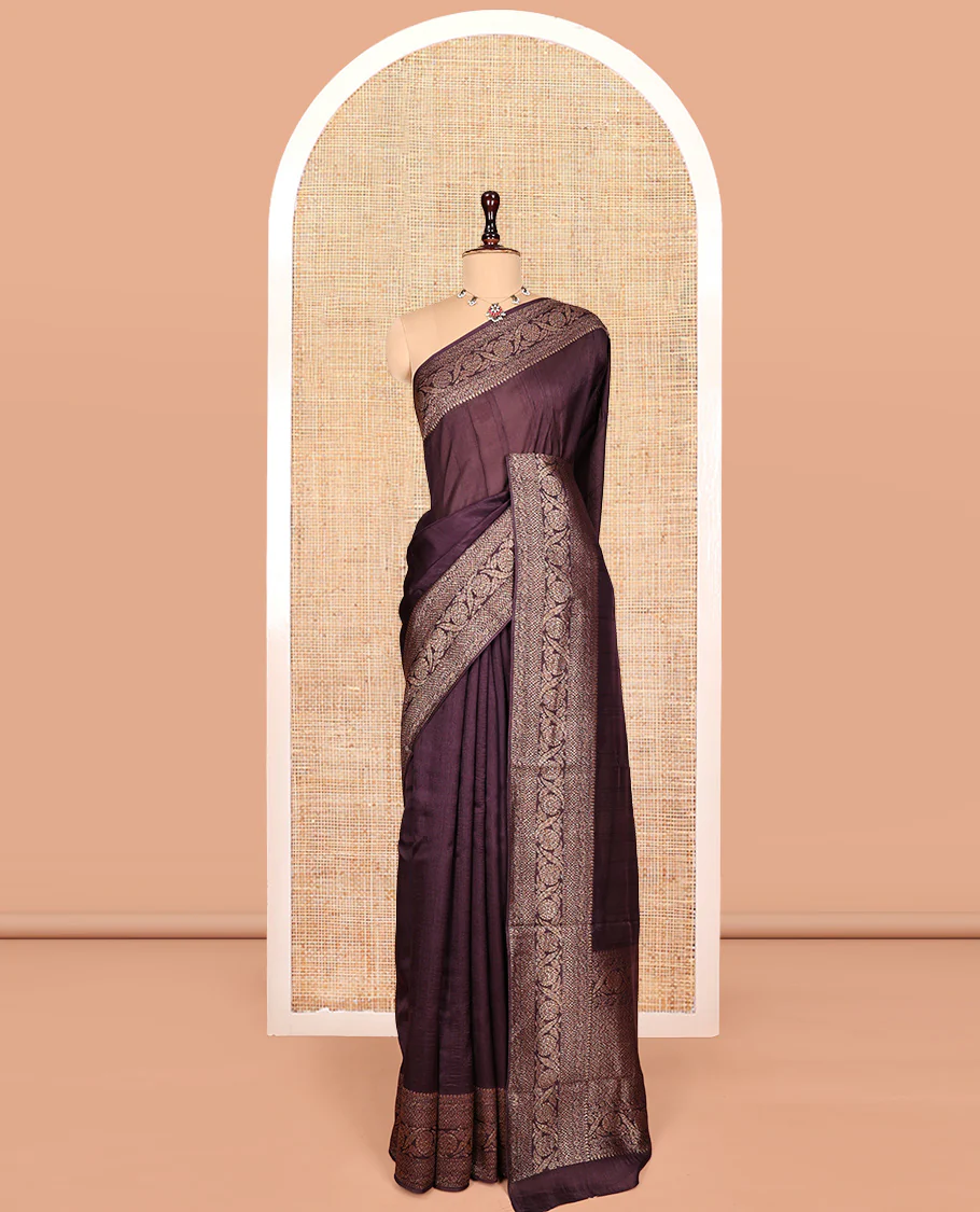 Brown Plain Matka Silk Saree, Highlighted by Traditional Design Border ogf Floral Designs, Intricately Designed Pallu, and Paired with a Matching Blouse - Image 3
