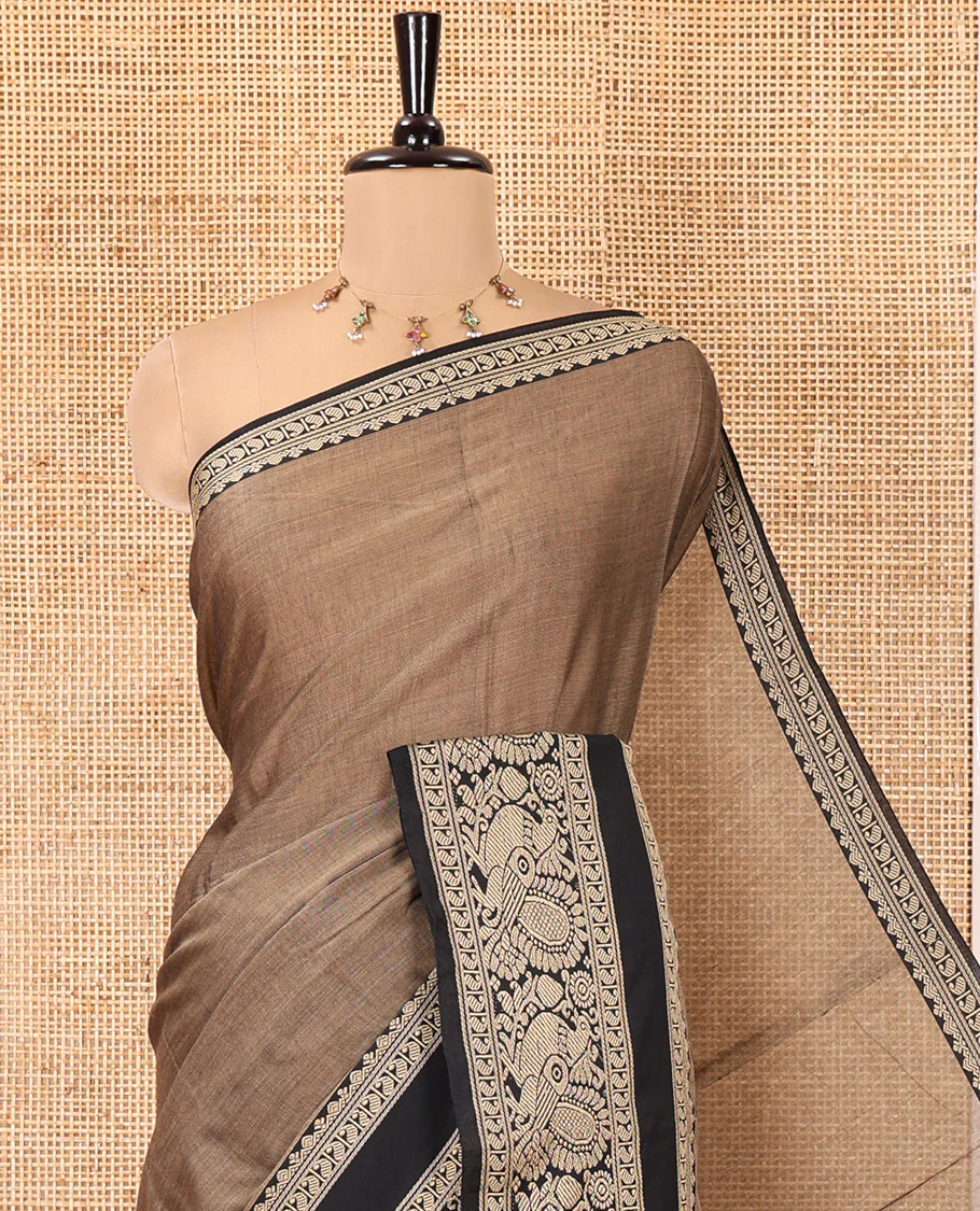 Brown Plain Mercerised Cotton Saree, Complemented by a Contrast Rettai Pettu Border of Paisley, and Peacock Designs, Striped Pallu, and Paired with a Matching Blouse - Image 2