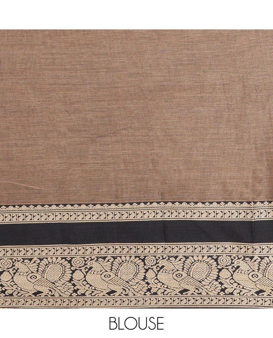 Brown Plain Mercerised Cotton Saree, Complemented by a Contrast Rettai Pettu Border of Paisley, and Peacock Designs, Striped Pallu, and Paired with a Matching Blouse - Image 3
