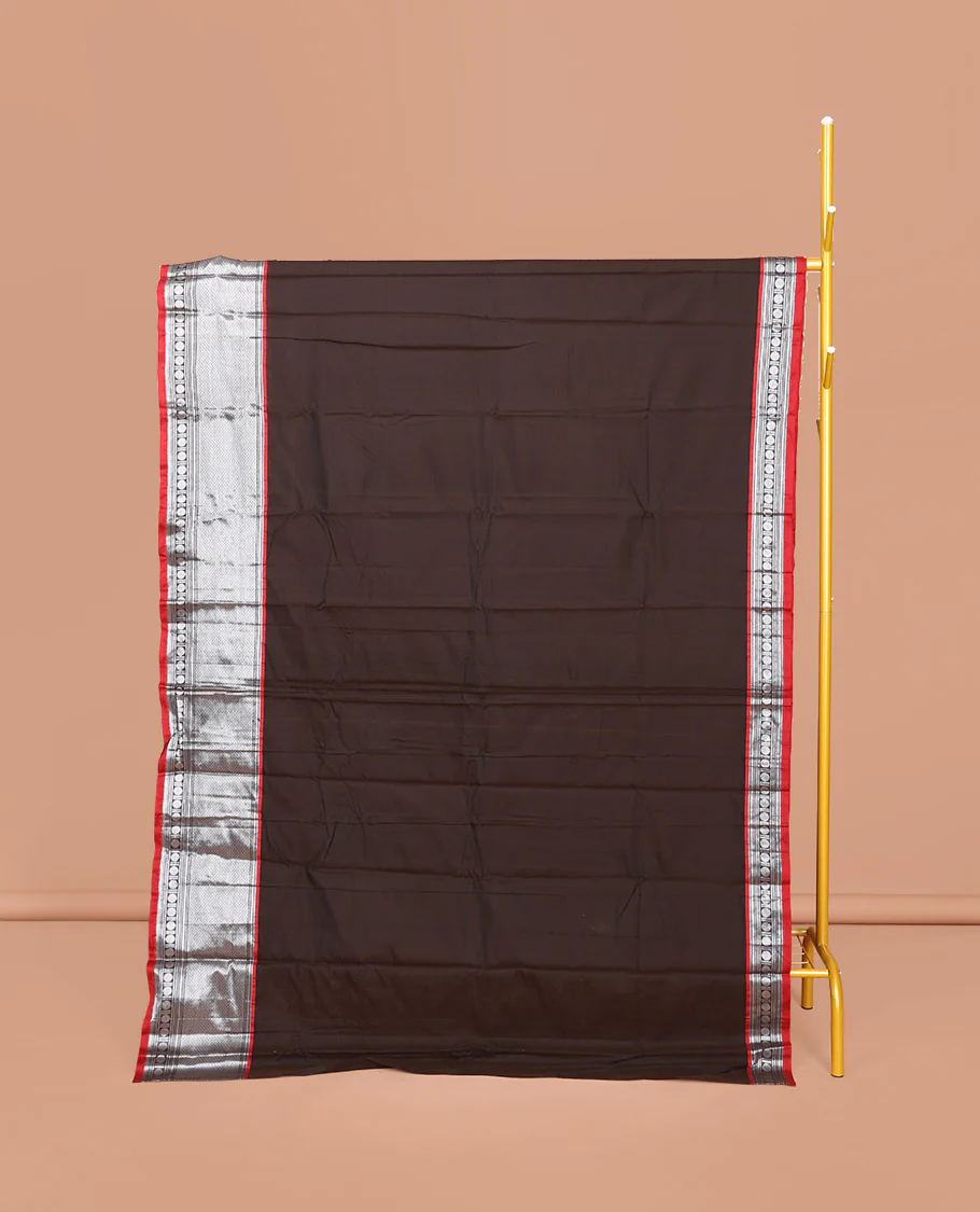 Brown Plain Narayanpet Cotton Saree, Complemented by a Contrast Traditional Zari Design Border, Striped Pallu, and Comes Without a Blouse