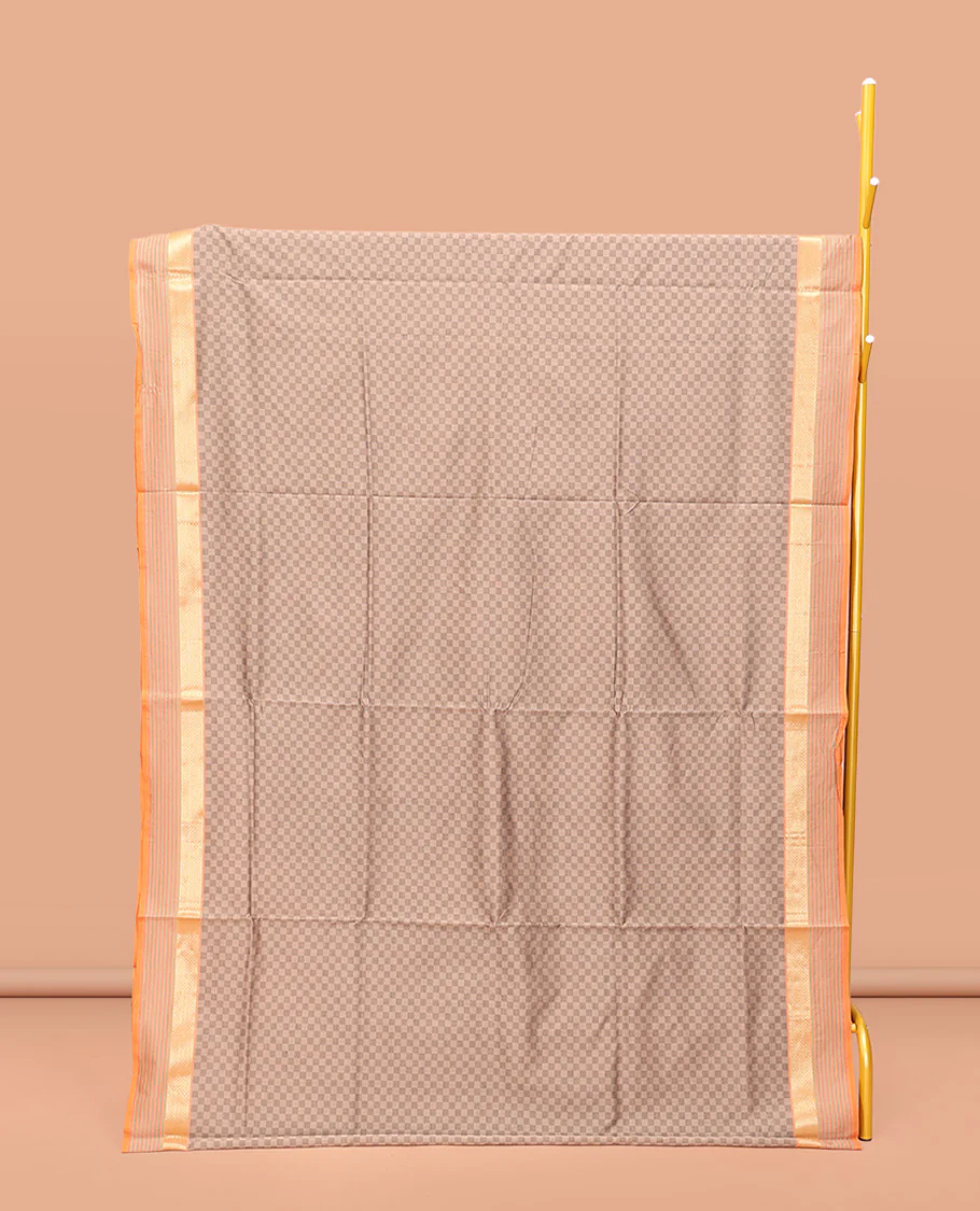 Brown Poly Cotton Saree, Bedecked with Checked Design on Its Body, Highlighted by a Traditional Zari Peacock-Eye Border, Complemented by Contrast Striped Pallu, and Paired with a Contrast Blouse