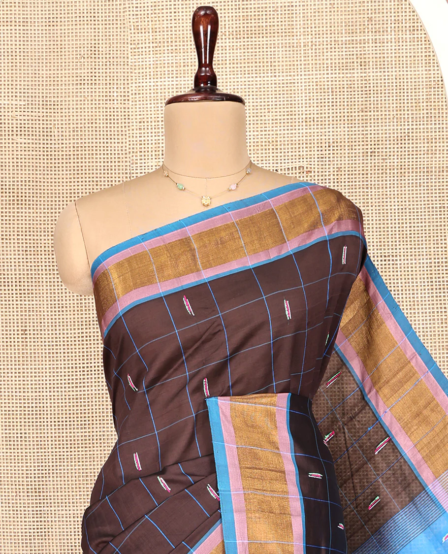 Brown Poly Cotton Saree, Decked Up with Butta Enclosed Checks, Complemented by Contrast Border, Pallu of Buttas and Stripes, and Paired with a Contrast Blouse - Image 2