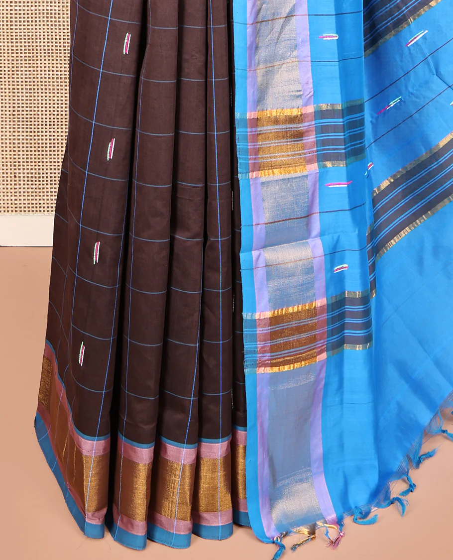 Brown Poly Cotton Saree, Decked Up with Butta Enclosed Checks, Complemented by Contrast Border, Pallu of Buttas and Stripes, and Paired with a Contrast Blouse - Image 3