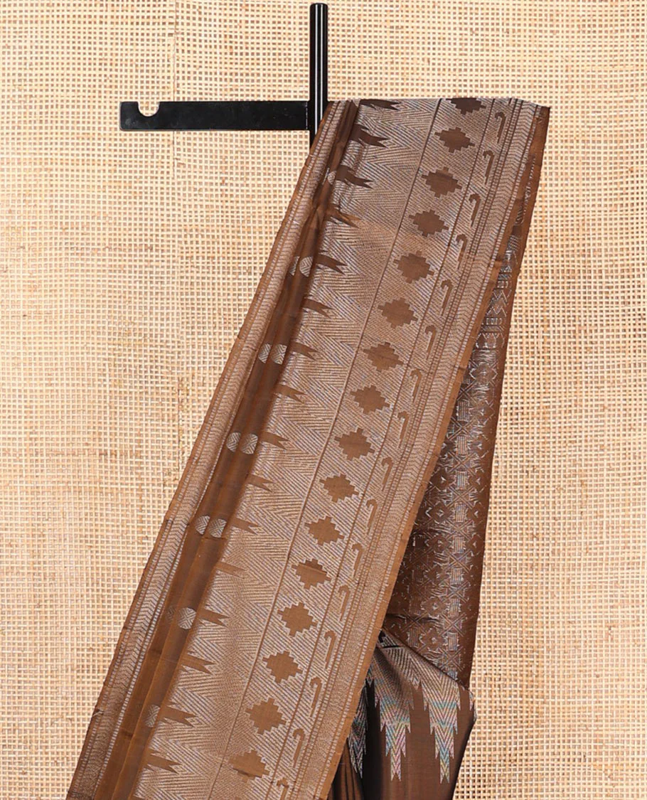 Brown rudraksham buttas Mayuri soft silk saree, temple geometric patterned border of muniya designs, and intricate pallu - Image 3
