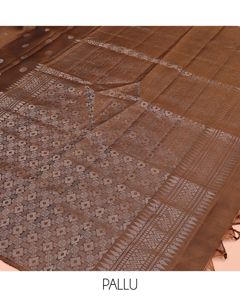 Brown rudraksham buttas Mayuri soft silk saree, temple geometric patterned border of muniya designs, and intricate pallu - Image 5