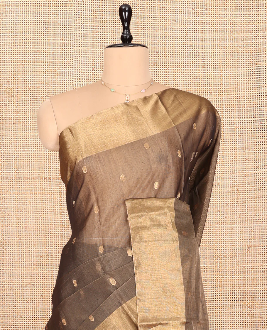 Brown Silk Cotton Saree, Adorned with Buttas, Gleaming Bavanji Border, Pallu Steeped with Stripes, and a Matching Blouse - Image 2
