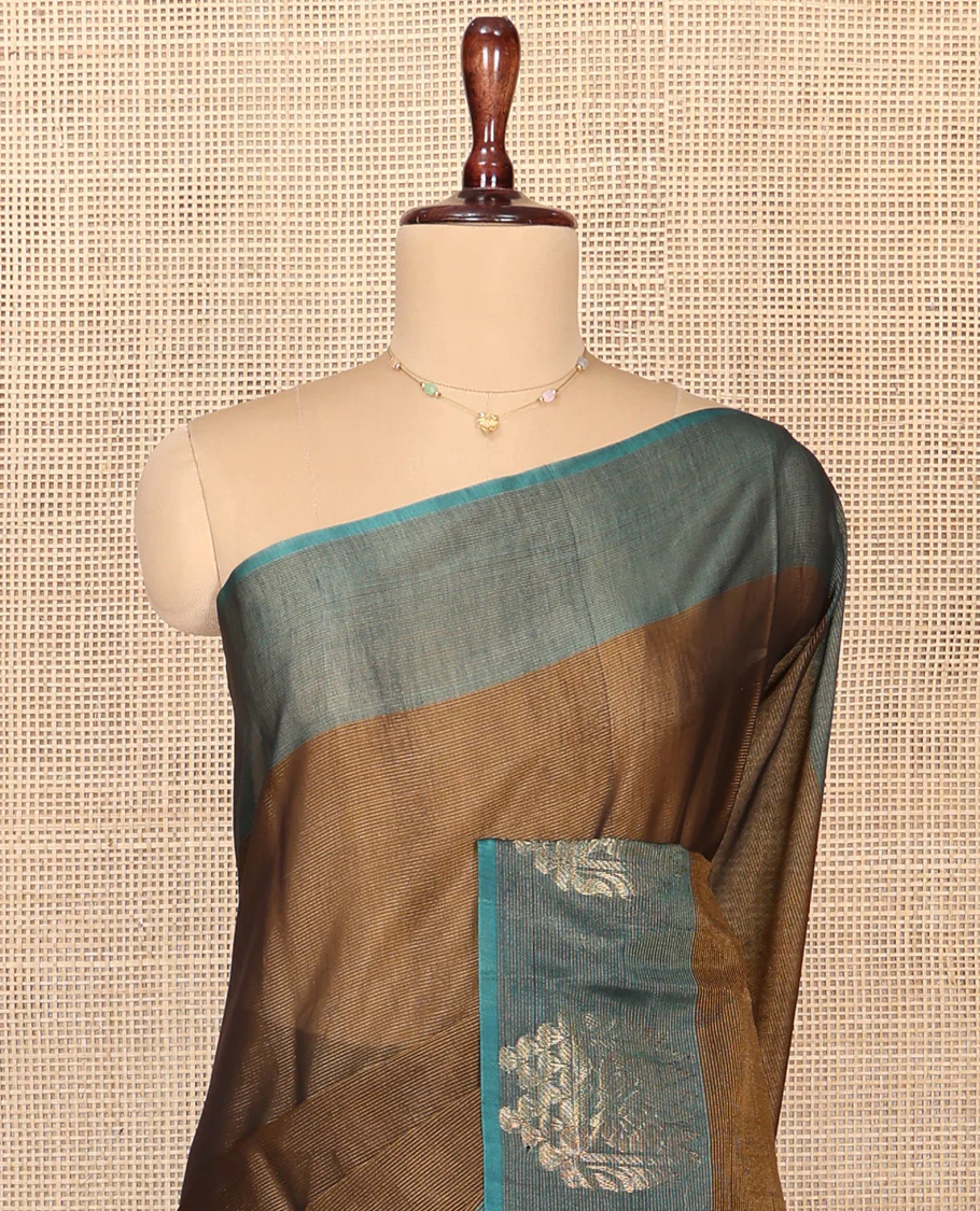 Brown Silk Cotton Saree, Decorated with Buttas All Over Its Body, Complemented by Contrast Border of Parrot Chariot Designs, Temple Pallu, and Paired with a Contrast Blouse - Image 2
