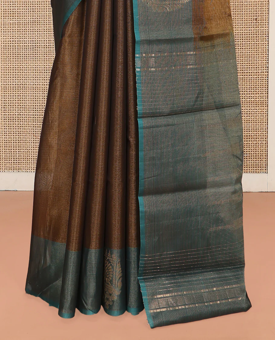 Brown Silk Cotton Saree, Decorated with Buttas All Over Its Body, Complemented by Contrast Border of Parrot Chariot Designs, Temple Pallu, and Paired with a Contrast Blouse - Image 4