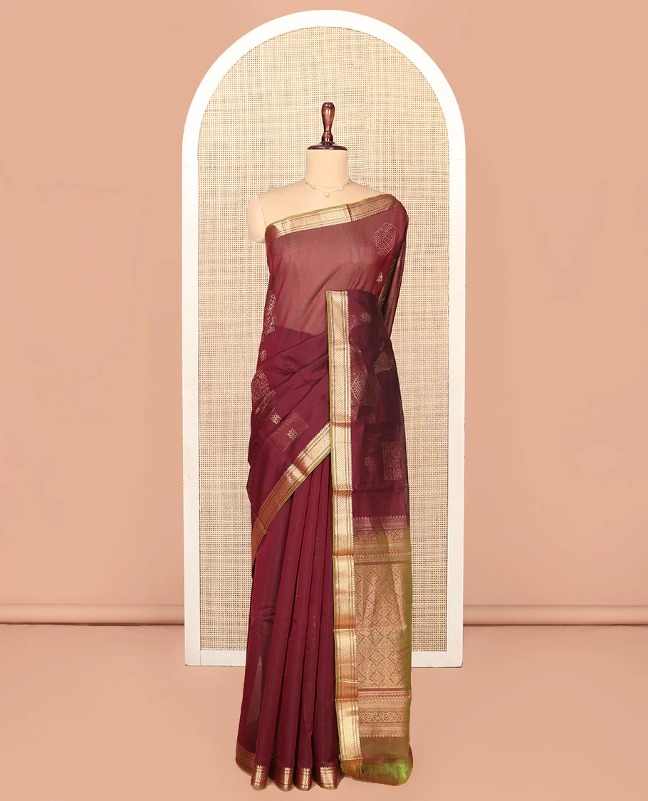 Brown Silk Cotton Saree, Embellished with Zari Buttas All Over Its Body, Complemented by Contrast Traditional Zari Designs Woven Border, Intricately Designed Pallu and Paired with a Contrast Blouse - Image 3
