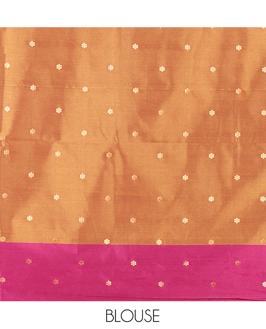Brown Soft Silk Saree, Adorned With Zari Buttas All Over Its Body, Complemented by Captivating Contrast Border of Elephant Motifs, Grandly Decked Up Pallu, and Paired with a Contrast Blouse - Image 3