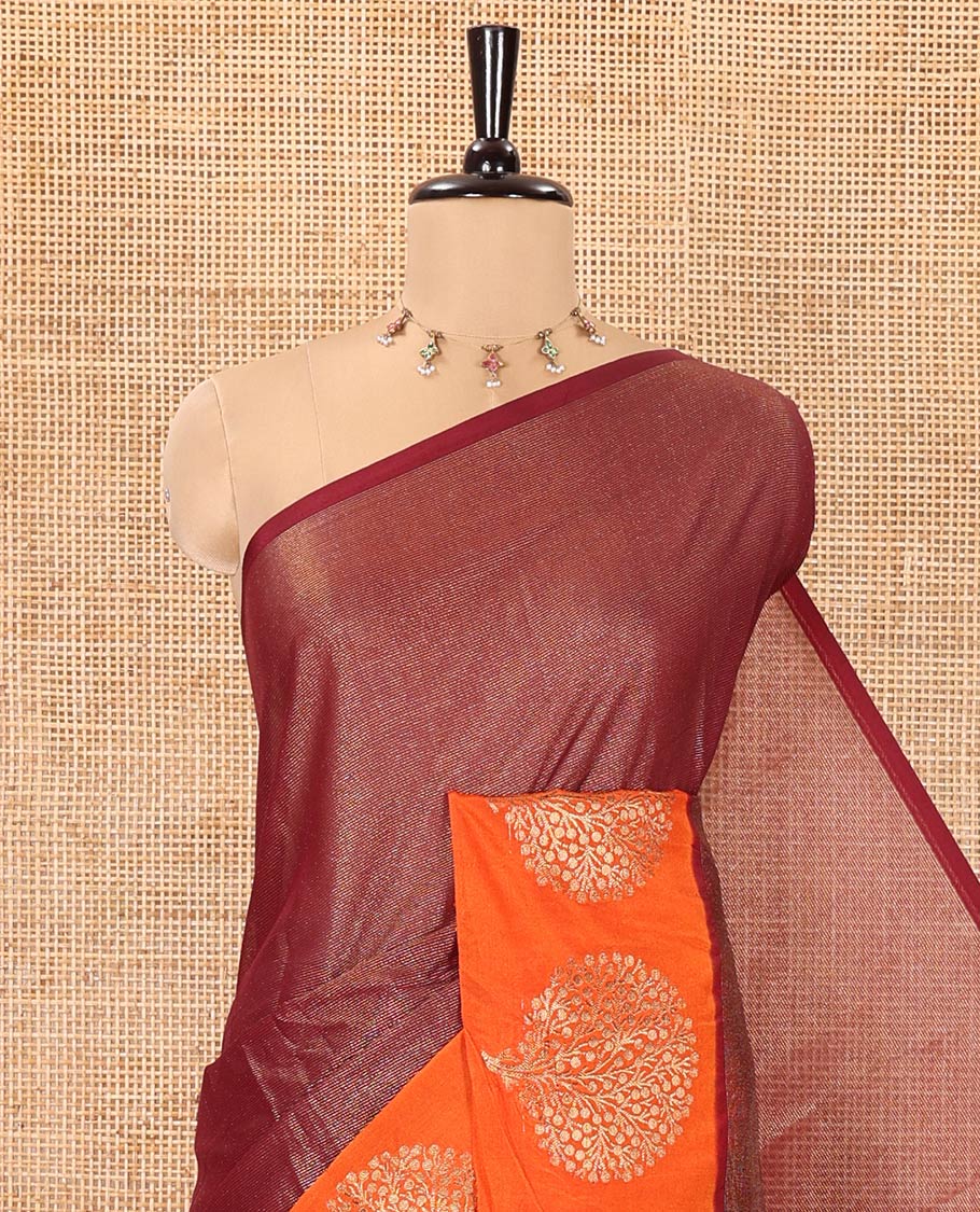 Brown Tissue-Cotton Blended Saree, Subtly Sparkled with Vertical Stripes on Its Body, Complemented by Contrast Border of Tree Motifs Woven, a Pallu Steeped with Zari Stripes, and Paired with a Contrast Blouse - Image 2