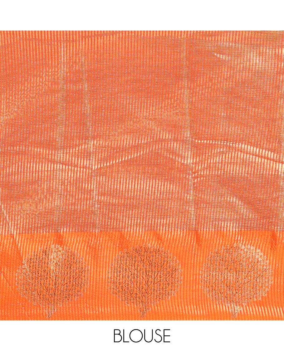Brown Tissue-Cotton Blended Saree, Subtly Sparkled with Vertical Stripes on Its Body, Complemented by Contrast Border of Tree Motifs Woven, a Pallu Steeped with Zari Stripes, and Paired with a Contrast Blouse - Image 3