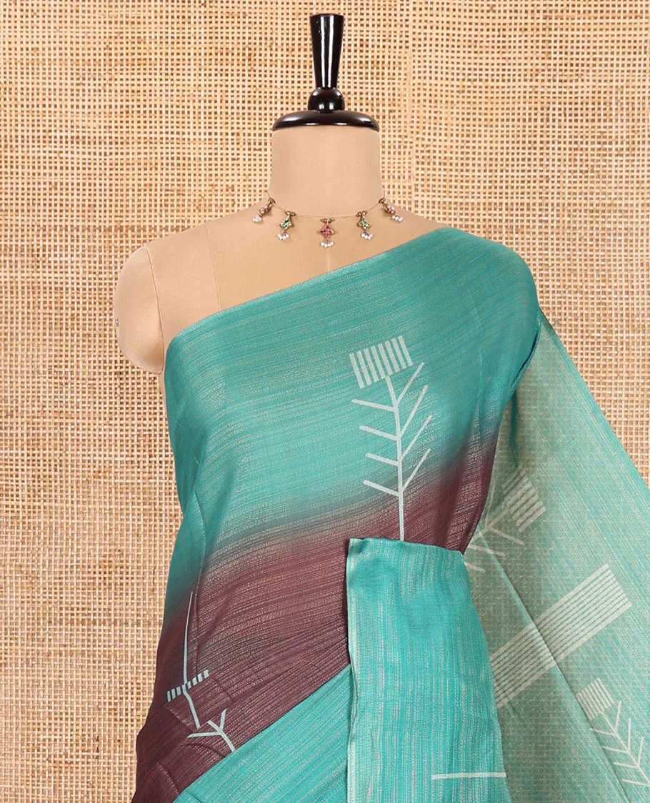 Brown Tissue Saree, Accentuated with Horizontal Stripes and Unique Motifs Printed All Over Its Body, Complemented by Contrast Printed Border, Pallu Depicts Geometric Patterns, and Paired with a Contrast Geometric Printed Blouse - Image 2