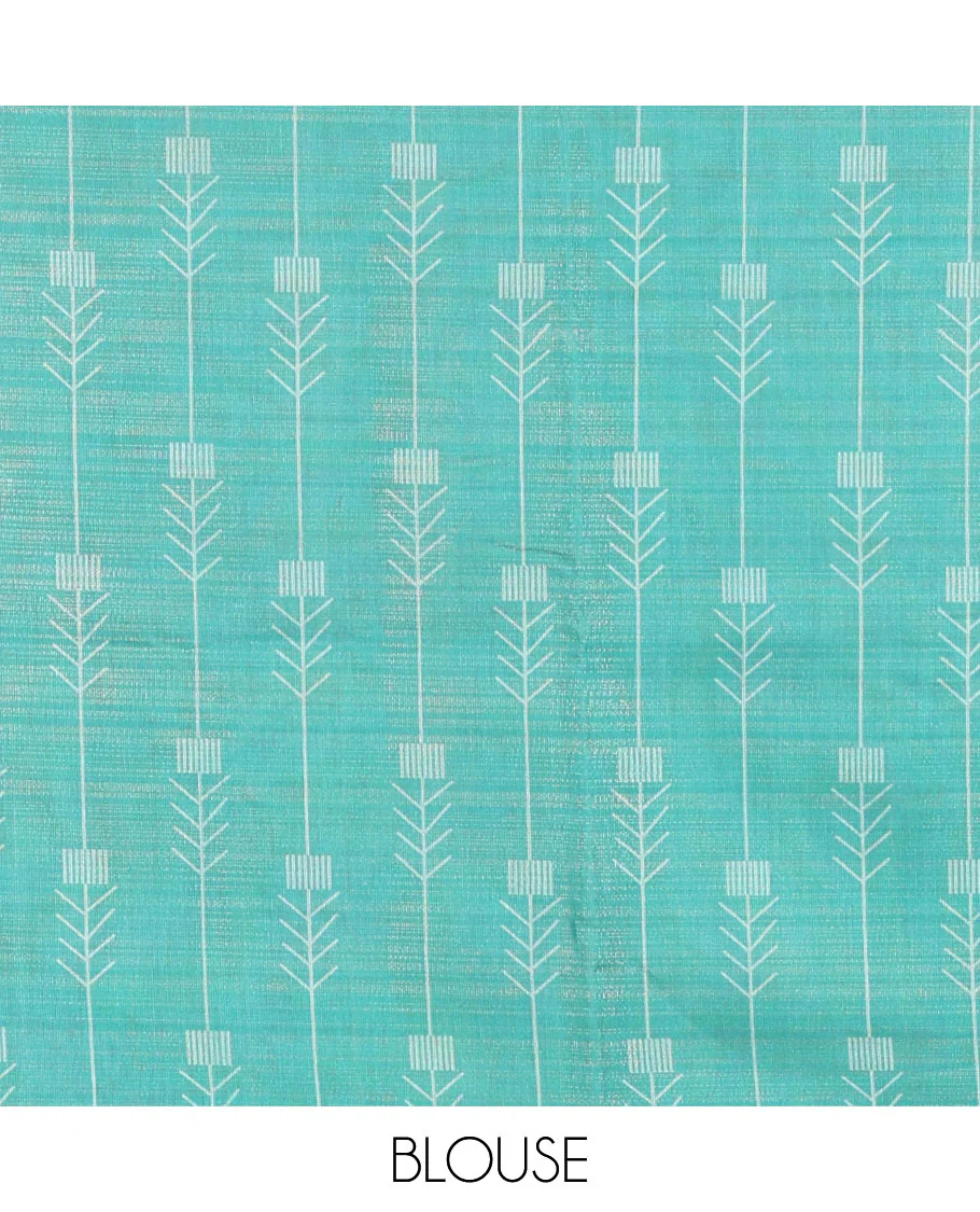 Brown Tissue Saree, Accentuated with Horizontal Stripes and Unique Motifs Printed All Over Its Body, Complemented by Contrast Printed Border, Pallu Depicts Geometric Patterns, and Paired with a Contrast Geometric Printed Blouse - Image 3