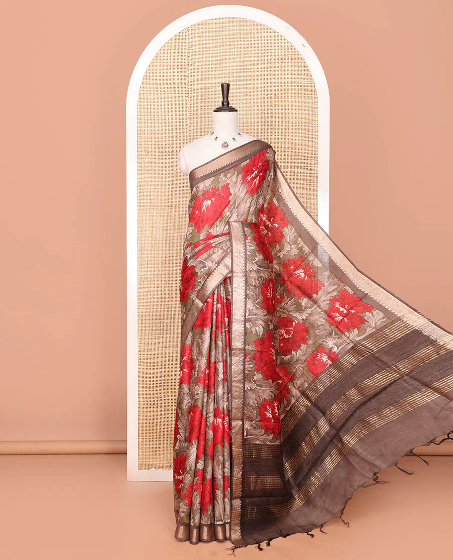 Brown Tussar Saree Accentuated with Floral Print, Temple Zari Border, Zari Striped Pallu, and a Matching Blouse of Zari Border
