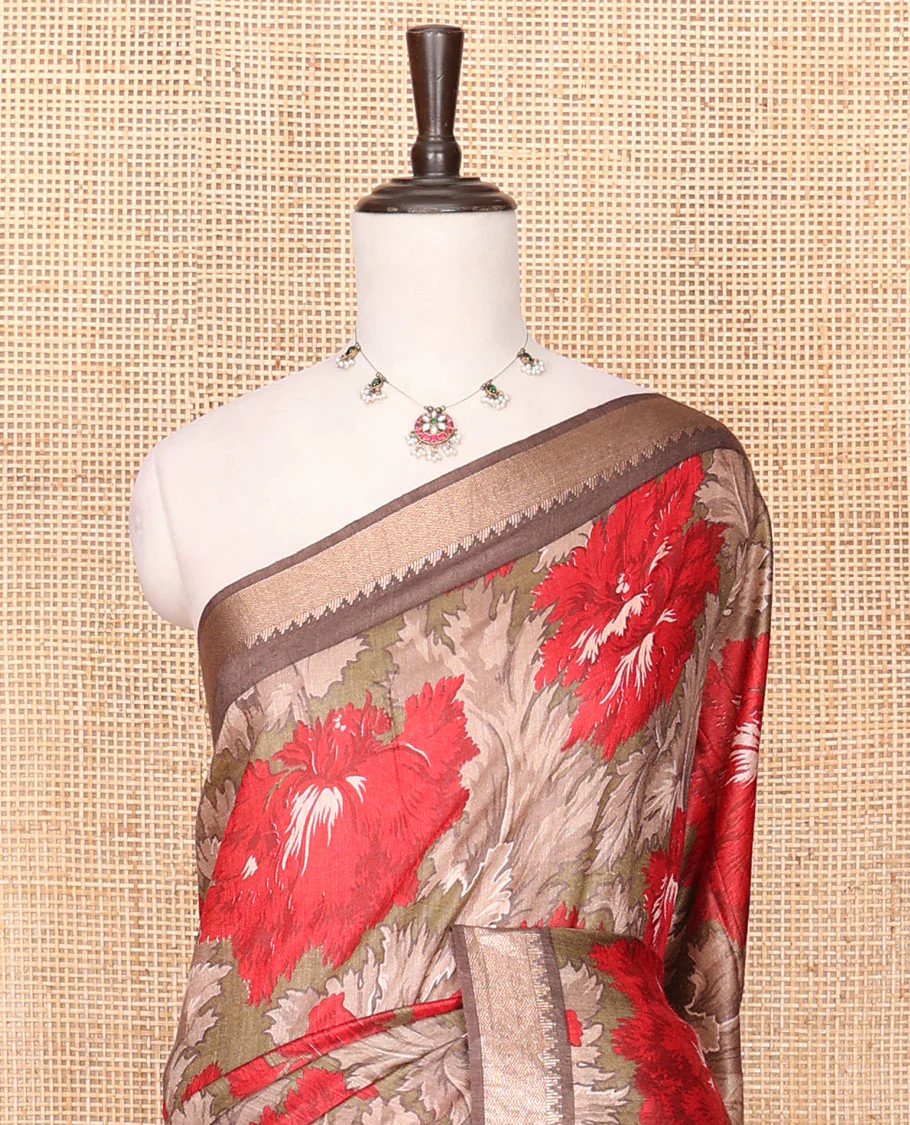 Brown Tussar Saree Accentuated with Floral Print, Temple Zari Border, Zari Striped Pallu, and a Matching Blouse of Zari Border - Image 3