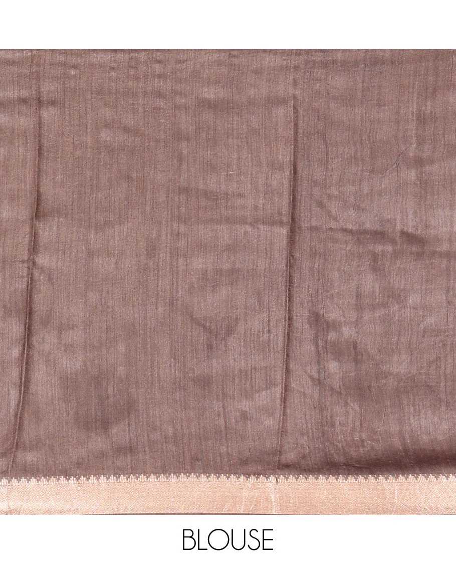 Brown Tussar Saree Accentuated with Floral Print, Temple Zari Border, Zari Striped Pallu, and a Matching Blouse of Zari Border - Image 4