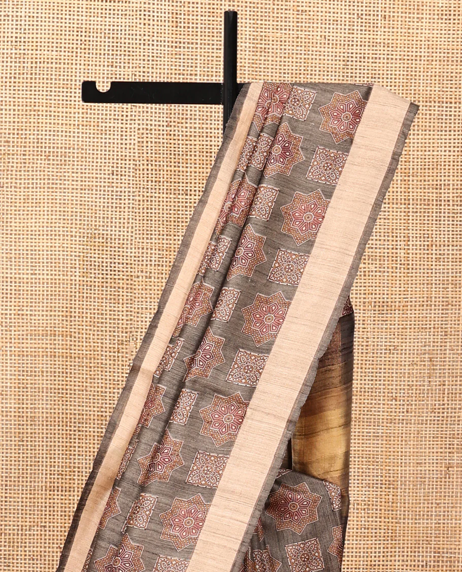 Brown Tussar Silk Saree, Artfully Detailed with Ajrakh-Style Motifs Block Print, a Subtle Border, a Heathered Pallu, and a Matching Blouse - Image 2