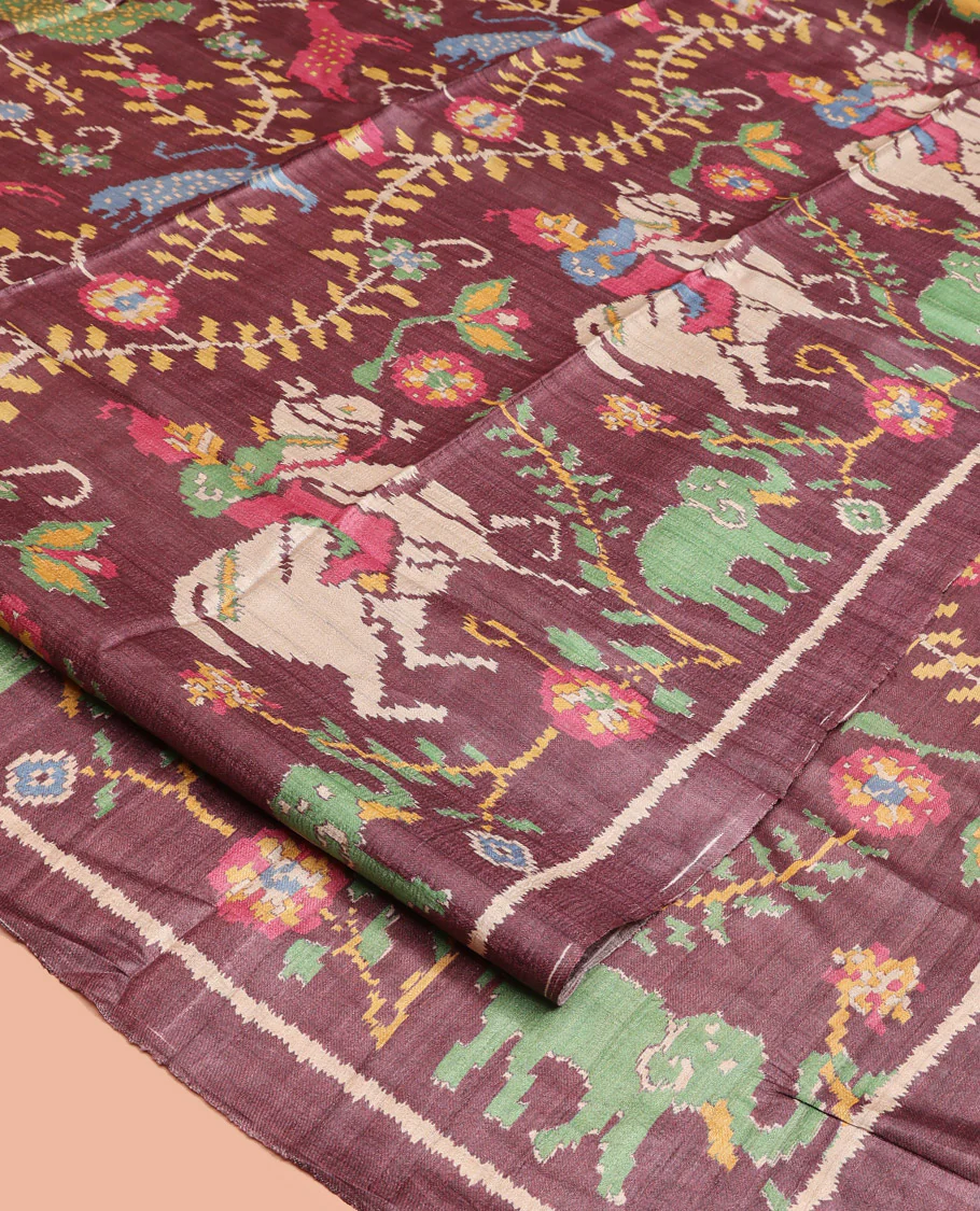 Brown Tussar Silk Saree, Artfully Detailed with Flora, Fauna, and Human Figurines Print on Its Body, a Subtle Border, Pallu Mirrors the Same Print, and Paired with a Matching Blouse - Image 2