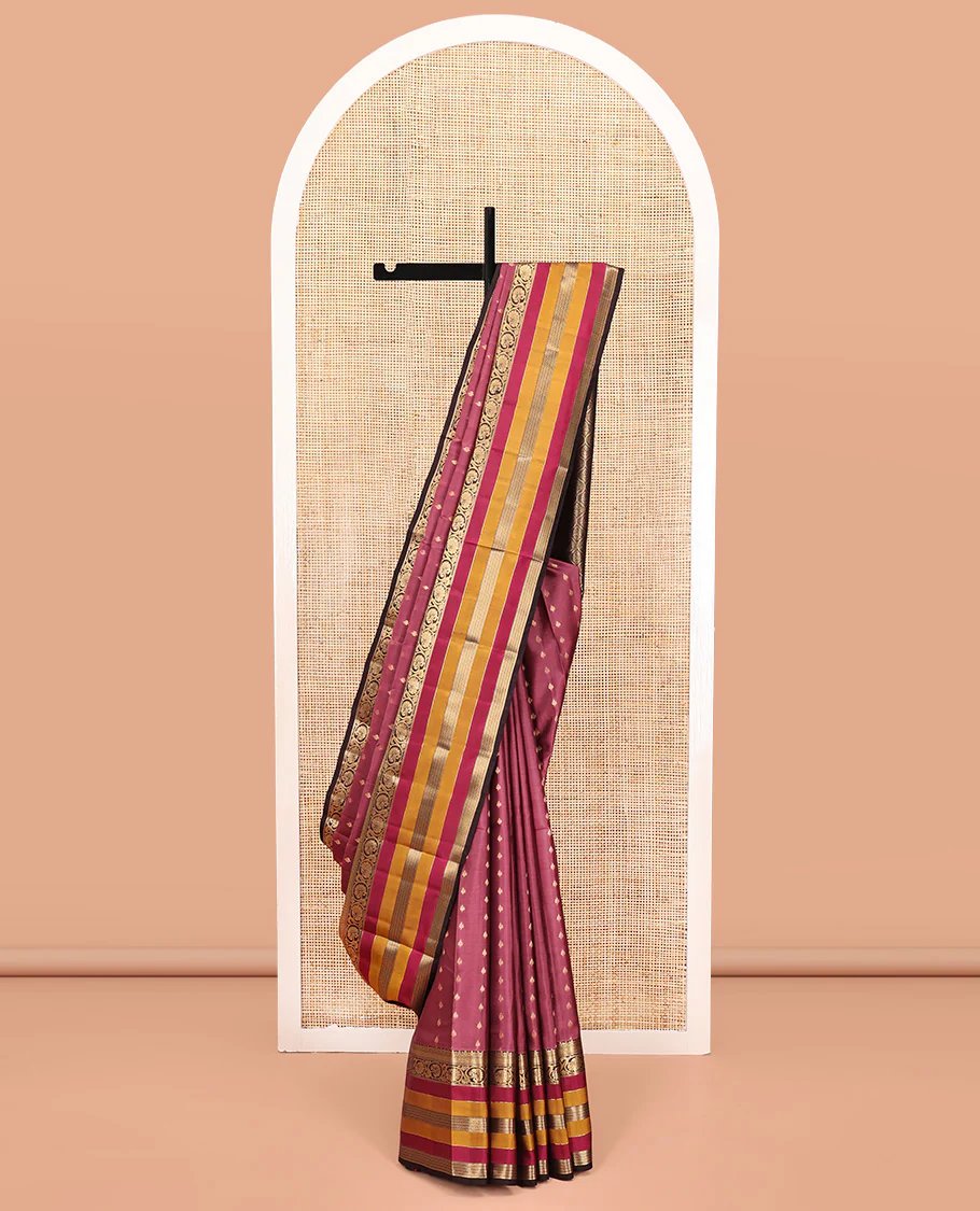 Brown Vasundhara Lite Silk Mix Saree, Adorned with Zari Buttas On Its Body, Complemented by Contrast Border of Kodi Visiry, Diamond and Neli Designs, Ogee Patterned Pallu and Paired with a Contrast Blouse