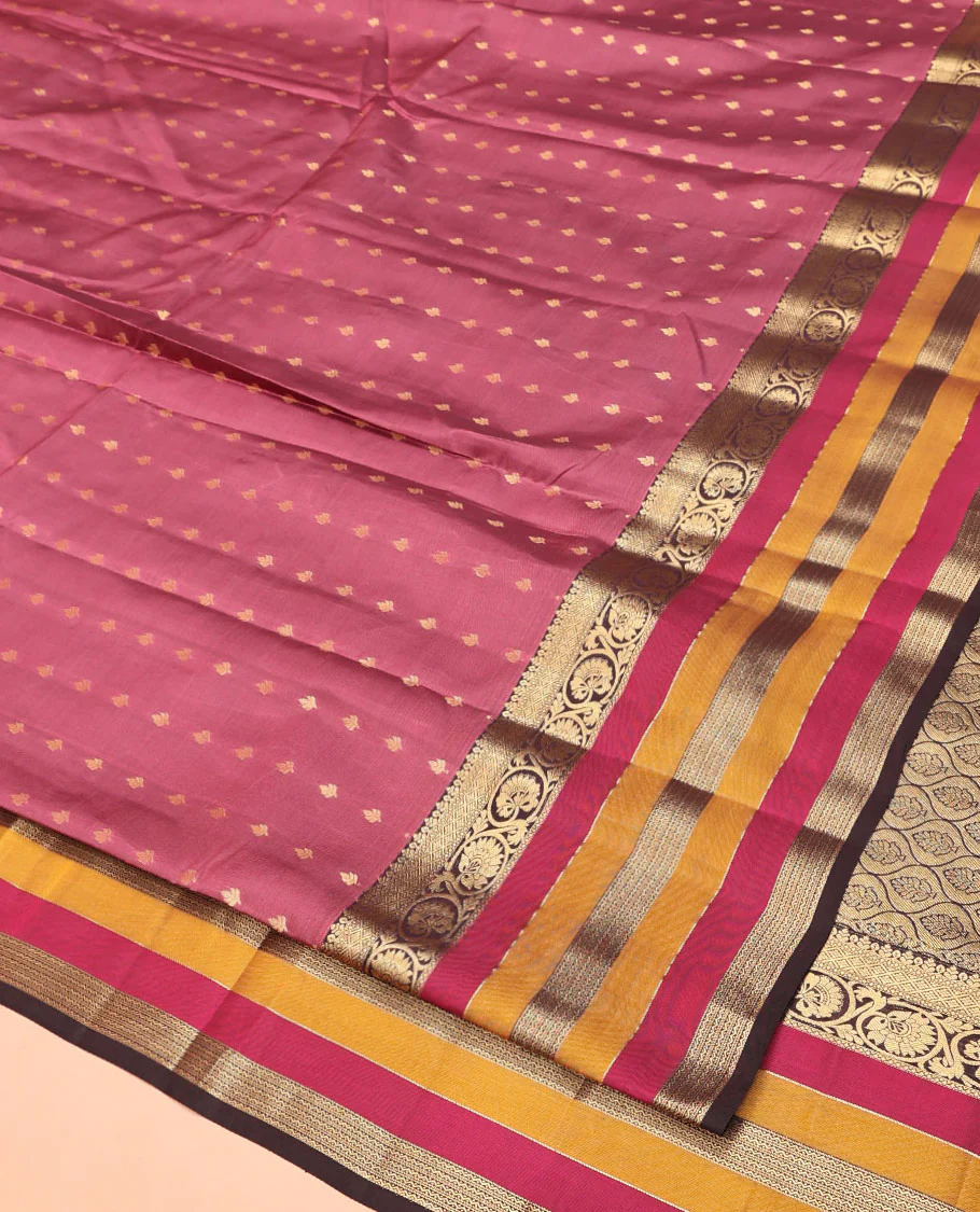 Brown Vasundhara Lite Silk Mix Saree, Adorned with Zari Buttas On Its Body, Complemented by Contrast Border of Kodi Visiry, Diamond and Neli Designs, Ogee Patterned Pallu and Paired with a Contrast Blouse - Image 2