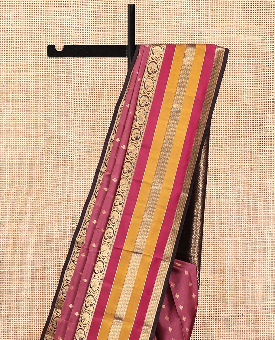 Brown Vasundhara Lite Silk Mix Saree, Adorned with Zari Buttas On Its Body, Complemented by Contrast Border of Kodi Visiry, Diamond and Neli Designs, Ogee Patterned Pallu and Paired with a Contrast Blouse - Image 3