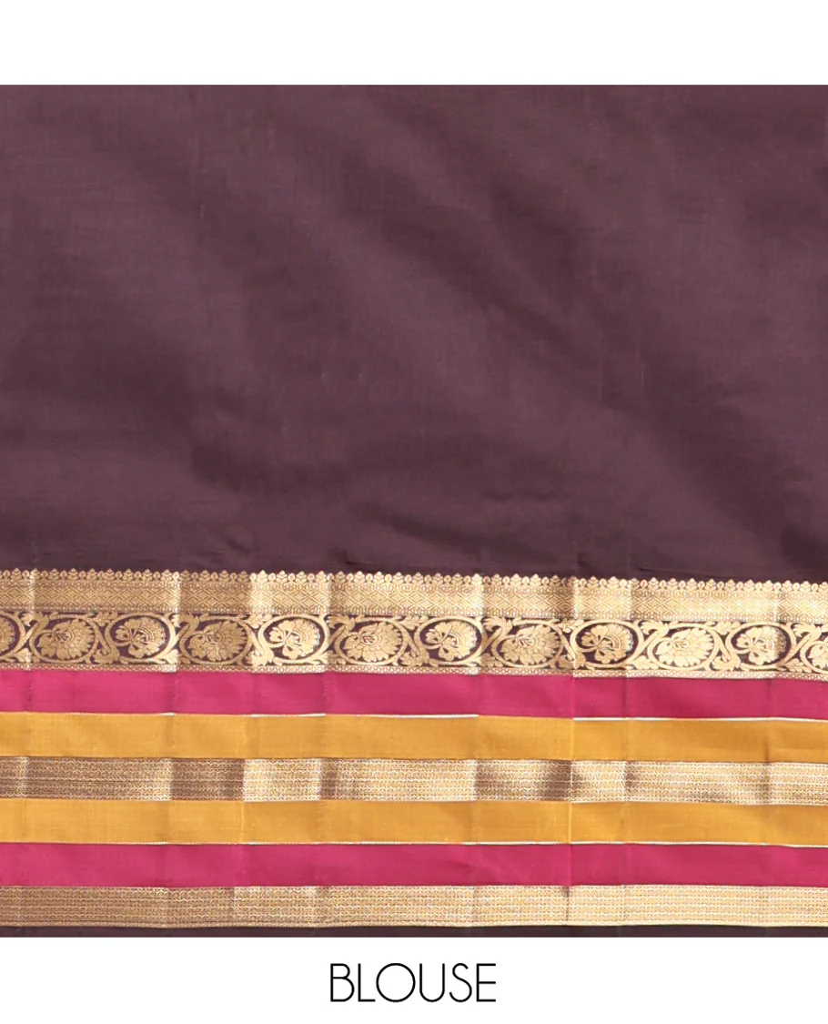 Brown Vasundhara Lite Silk Mix Saree, Adorned with Zari Buttas On Its Body, Complemented by Contrast Border of Kodi Visiry, Diamond and Neli Designs, Ogee Patterned Pallu and Paired with a Contrast Blouse - Image 6