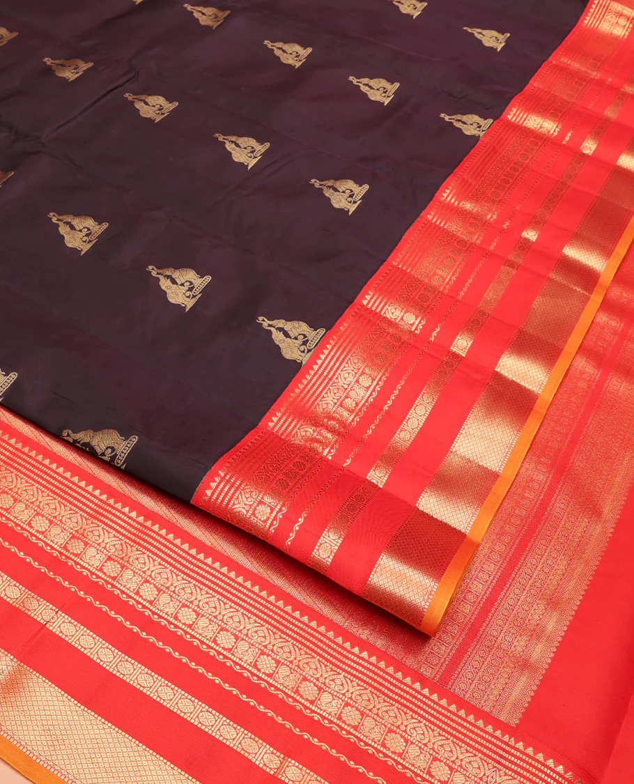 Brown Vasundhara Lite Silk Mix Saree, Delicately Woven with Yaanai Buttas, Complemented by Contrast Border of Rekku, Muthu, Jada Nagam, Laddu Kamalam, Mayil, Rudraksham, and Mayil Kann Designs, Grand Pallu and Paired with a Contrast Blouse - Image 2