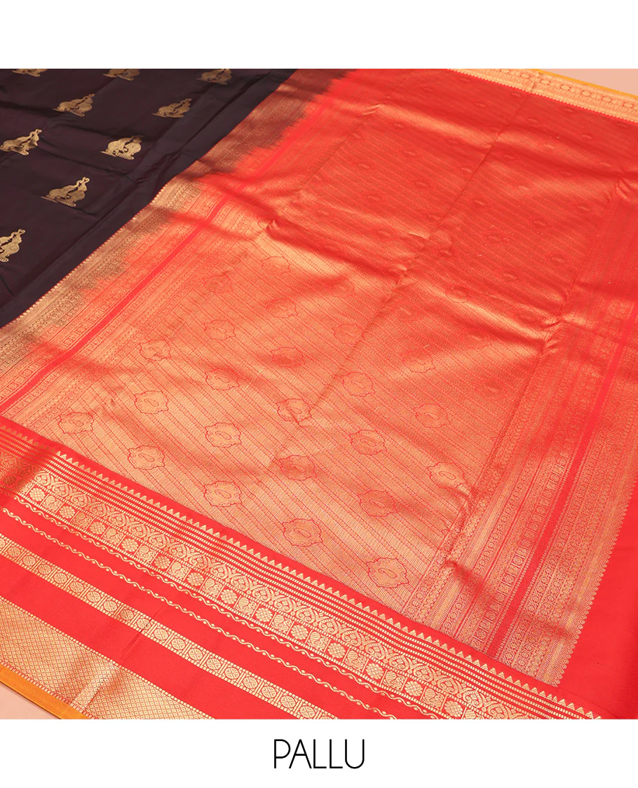 Brown Vasundhara Lite Silk Mix Saree, Delicately Woven with Yaanai Buttas, Complemented by Contrast Border of Rekku, Muthu, Jada Nagam, Laddu Kamalam, Mayil, Rudraksham, and Mayil Kann Designs, Grand Pallu and Paired with a Contrast Blouse - Image 5