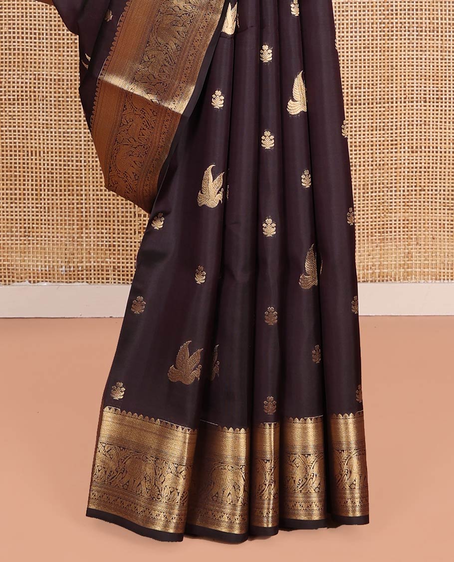 Brown Vasundhara Lite-Silk Mix Saree, Delicately Woven with Zari Buttas on Its Body, Highlighted by a Zari Border of Mayil Kann, Muthu, Yaanai, Kuthirai, and Lavangam Designs, Gracefully Embellished Pallu, and Paired with a Matching Blouse - Image 4