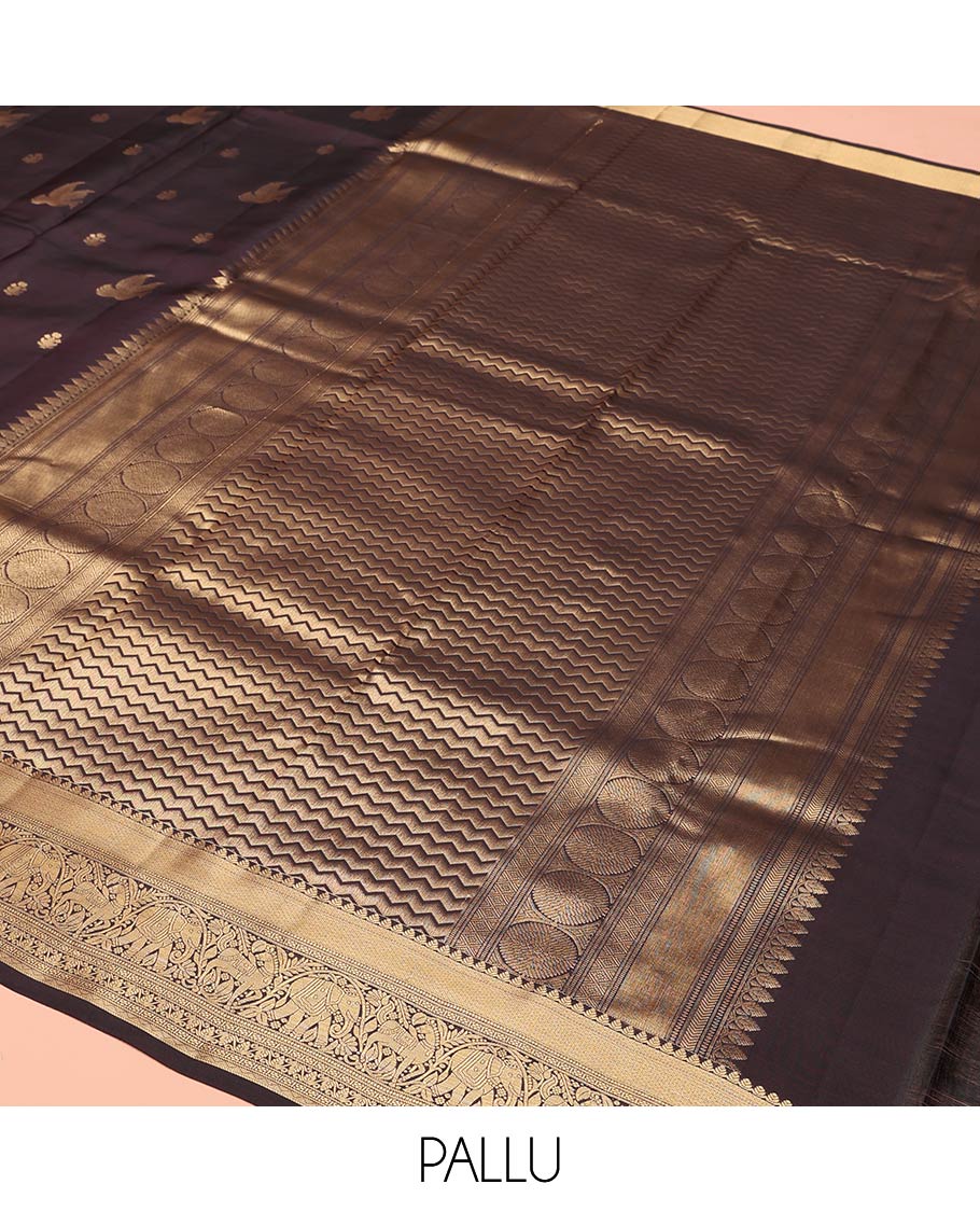 Brown Vasundhara Lite-Silk Mix Saree, Delicately Woven with Zari Buttas on Its Body, Highlighted by a Zari Border of Mayil Kann, Muthu, Yaanai, Kuthirai, and Lavangam Designs, Gracefully Embellished Pallu, and Paired with a Matching Blouse - Image 5
