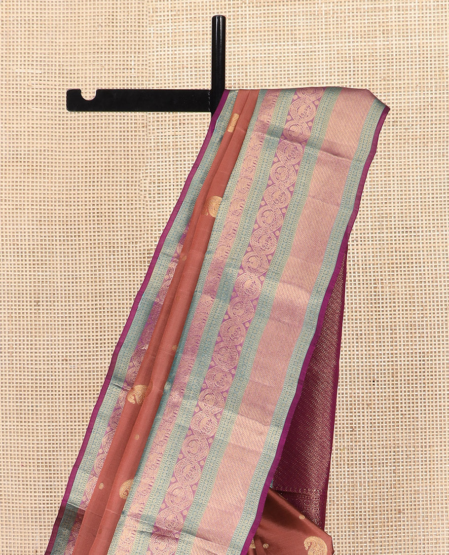 Brown Vasundhara Lite Silk Mix Saree, Elegantly Highlighted with Manga Buttas All Over Its Body, Complemented by Contrast Border of Thilakam Mokku, Kamalam, Yaanai, and Mayil Designs, Grandly Pallu of Diagonal Stripes, and Paired with a Contrast Blouse - Image 3