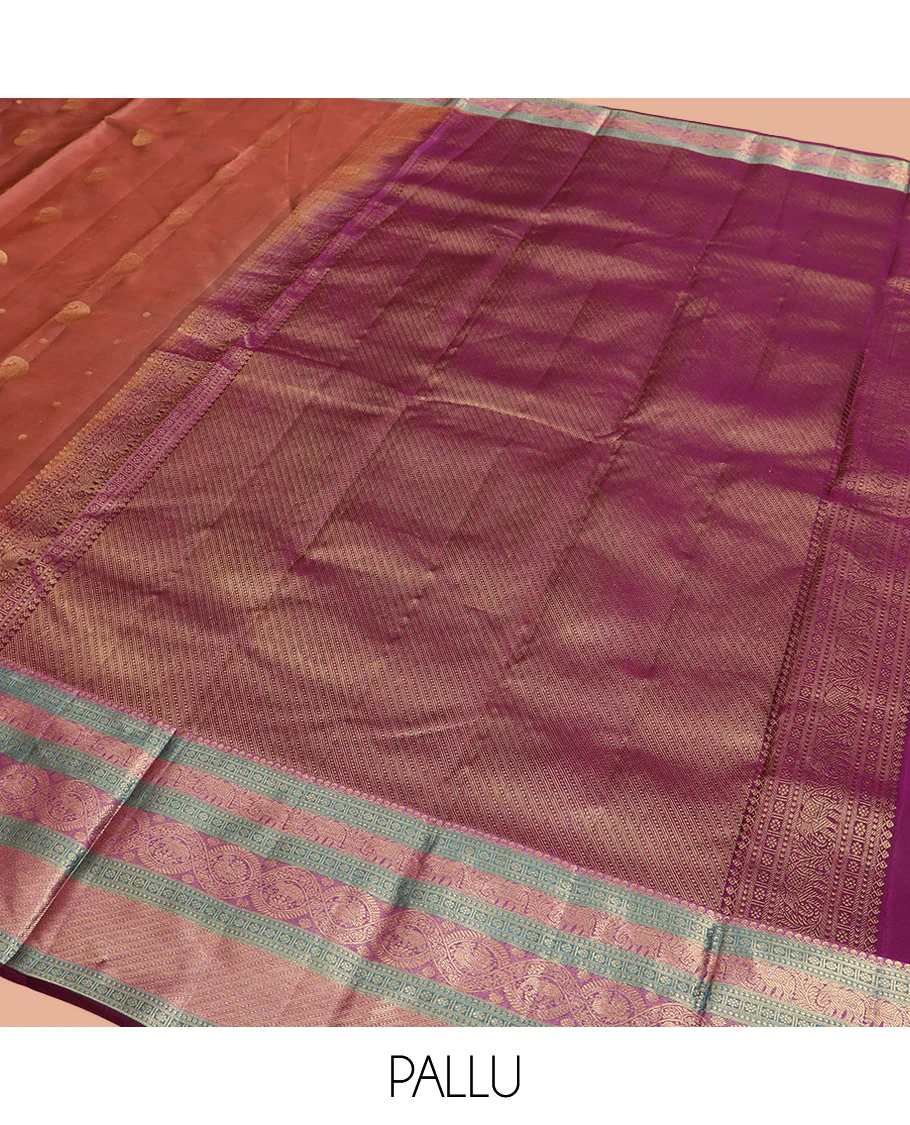 Brown Vasundhara Lite Silk Mix Saree, Elegantly Highlighted with Manga Buttas All Over Its Body, Complemented by Contrast Border of Thilakam Mokku, Kamalam, Yaanai, and Mayil Designs, Grandly Pallu of Diagonal Stripes, and Paired with a Contrast Blouse - Image 5