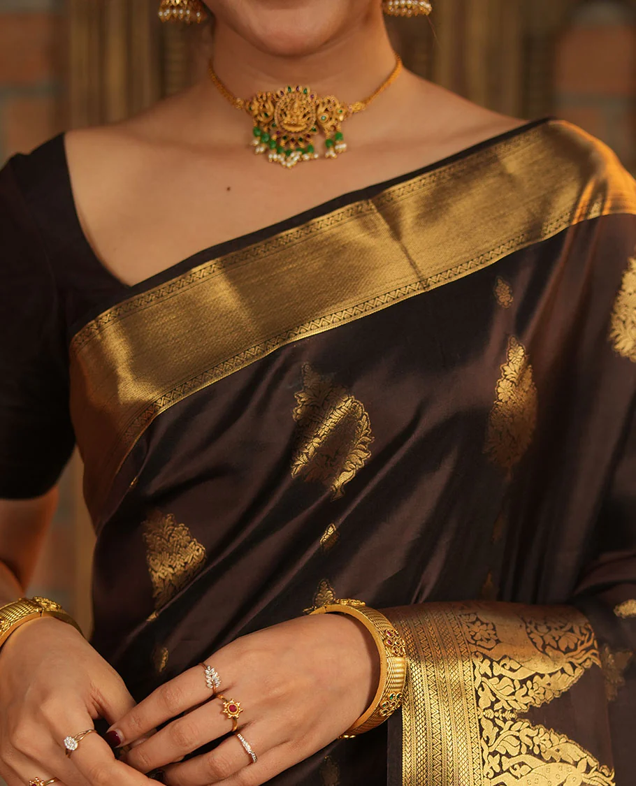 Brown Vasundhara Lite-Silk Mix Saree, Elevated with Zari Buttas All Over Its Body, Highlighted by Zari Border of Neli, Kuyil Kann, Kathir, and Maan Designs, Gracefully Embellished Pallu of Jaal Design, and Paired with a Matching Blouse - Image 2