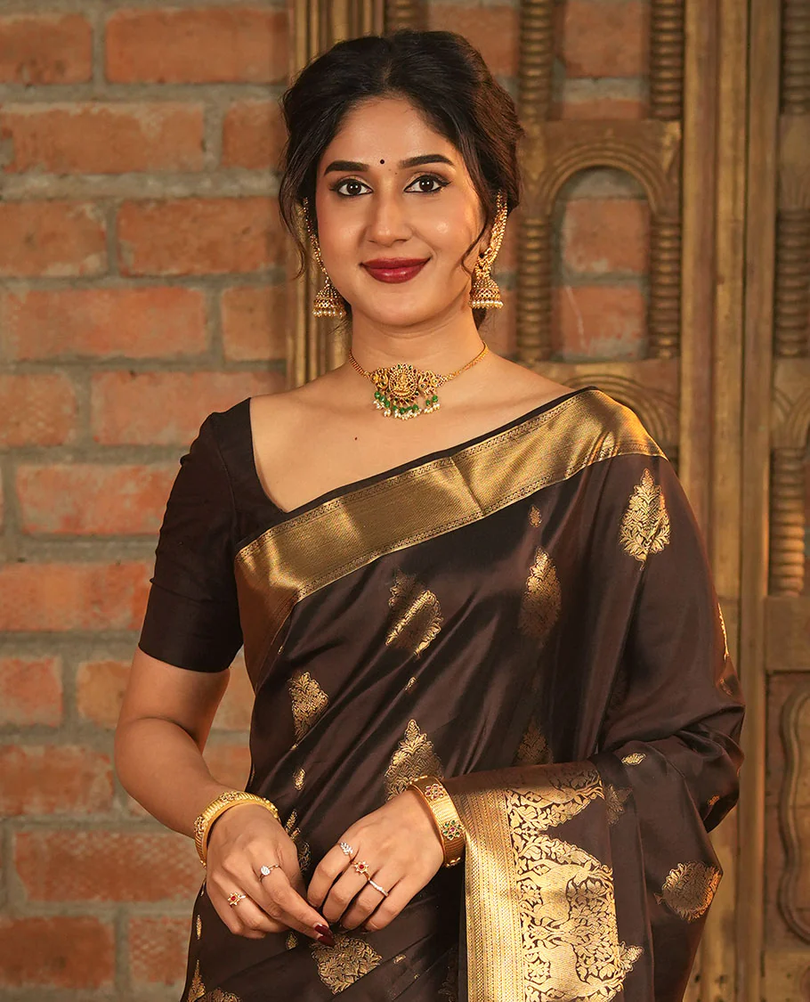 Brown Vasundhara Lite-Silk Mix Saree, Elevated with Zari Buttas All Over Its Body, Highlighted by Zari Border of Neli, Kuyil Kann, Kathir, and Maan Designs, Gracefully Embellished Pallu of Jaal Design, and Paired with a Matching Blouse - Image 3