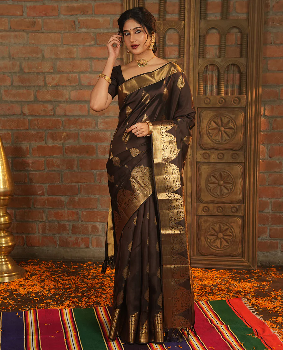 Brown Vasundhara Lite-Silk Mix Saree, Elevated with Zari Buttas All Over Its Body, Highlighted by Zari Border of Neli, Kuyil Kann, Kathir, and Maan Designs, Gracefully Embellished Pallu of Jaal Design, and Paired with a Matching Blouse - Image 4